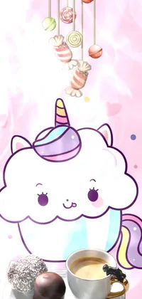 This charming phone live wallpaper showcases a unicorn hat-wearing cupcake adorned with sprinkles, set against a heavenly blue background with soft clouds