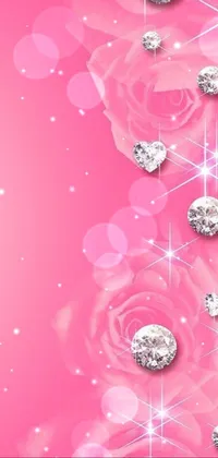 This live phone wallpaper features a stunning pink background with diamonds and roses