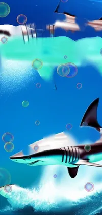 This live wallpaper depicts a group of sharks swimming in the ocean, rendered in a high contrast, hyper-detailed cartoon-style illustration
