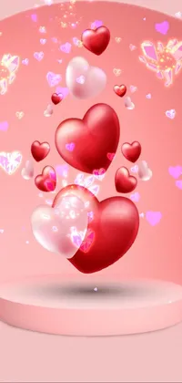 This phone live wallpaper showcases a group of vibrant red and white hearts floating in the air against a background of pink arches