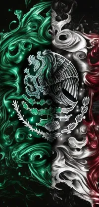 This phone live wallpaper showcases the intricate details of the Mexican flag against a sleek black background