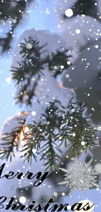 This Christmas-themed live wallpaper features a snowflake hanging from a tree in a charming greeting card design