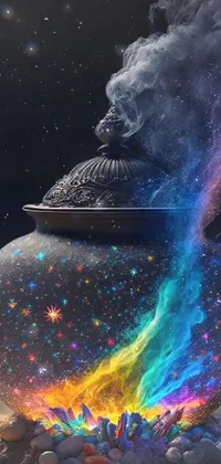 This phone live wallpaper is a magical and enchanting depiction of a tea pot sitting atop a pile of rocks