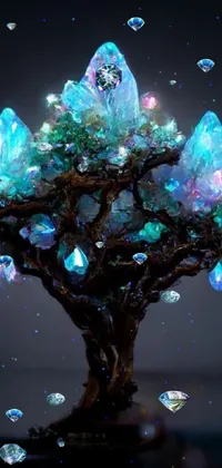 Bring the enchanting beauty of nature and crystals to your phone's screen with this stunning live wallpaper! Featuring intricate details of crystals on a tree, made with iridescent wax and ceramic, this miniature product photo showcases the sparkling beauty of the crystals as they catch and reflect the light