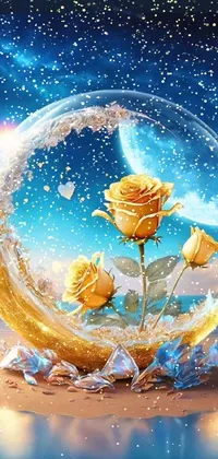 This mesmerizing phone live wallpaper showcases a glass ball with a stunning yellow rose inside it, overlaid with a trendy moonshine effect