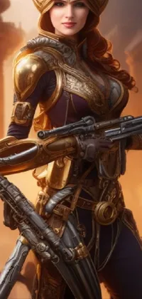 This live phone wallpaper features a stunning woman in golden armor holding a fierce gun