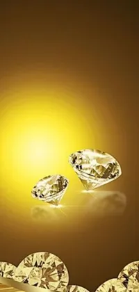 This live wallpaper showcases a stunning digital art of two beautiful diamonds resting on top of a table, against a warm yellow light backdrop