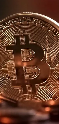 This live wallpaper showcases a highly detailed digital rendering of a bitcoin perched atop a stack of golden coins