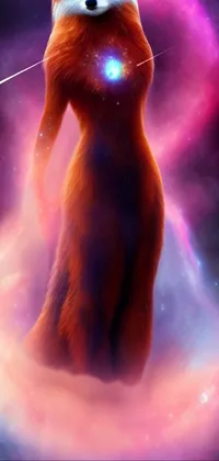 Immerse yourself in a stunning live phone wallpaper featuring a red fox standing proudly amidst a breathtaking galaxy