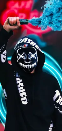 This live phone wallpaper features a mysterious, masked figure with smoking mouth, clad in neon blue hoodie and ripped clothes