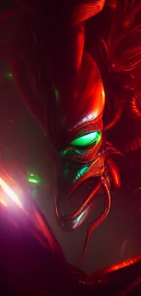 This phone live wallpaper features a close-up of a hand holding a glowing object, set against a digital art concept of a large xenomorph approaching