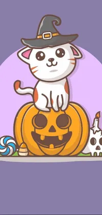This phone live wallpaper showcases a charming vector art design featuring a white cat sitting atop a Halloween pumpkin