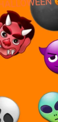 Get into the Halloween spirit with this live wallpaper for your phone! Featuring a fun and playful collection of Halloween emoticons set against a bright orange background, this wallpaper is sure to bring a smile to your face