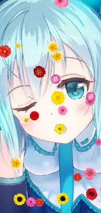 This anime live wallpaper features a vibrant close-up of a young blue-haired girl with headphones, swaying to the rhythm of colorful music notes and symbols