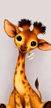 This lively phone wallpaper features a cute digital giraffe character with a tooth in its mouth