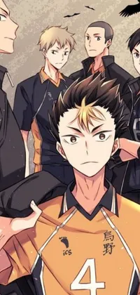 Looking for a dynamic and trendy phone live wallpaper? Check out this high-quality, close-up portrait of a group of young men wearing orange and black volleyball jerseys! The picture appears to be trending on the popular Japanese art-sharing platform, Pixiv, and showcases an art style inspired by shin hanga, a renowned Japanese print movement