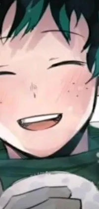 This live wallpaper is inspired by popular manga art, featuring a close-up of a cute boy with green hair, bright eyes, and a beautiful smile