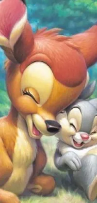 This cute live wallpaper features two cartoon animals sitting together in a cozy scene