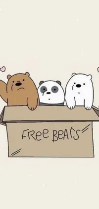 Introducing a cute and colorful live wallpaper for your phone! This wallpaper features three adorable bears nestled inside a box with the words "Free Bears" written on it