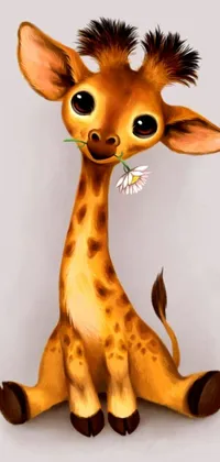 This live phone wallpaper showcases a stunning digital painting of an incredibly adorable giraffe with a flower in its mouth