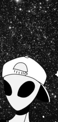 This phone live wallpaper features a black and white cartoonish alien with a hat and hoodie against a starry space background
