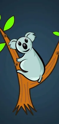 This live phone wallpaper showcases a cute and playful koala, sitting atop a tree branch against a serene nature background