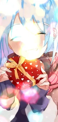 This mobile live wallpaper showcases a playful anime portrayal of a young blue-haired girl holding a vibrant red heart in her hands