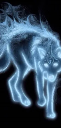 This phone live wallpaper showcases a beautiful close-up of an intricately designed wolf on a black holographic background