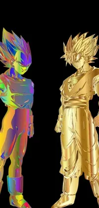 This dynamic live wallpaper features two anime characters standing together in a powerful, golden, iridescent and multi-colored raytraced image