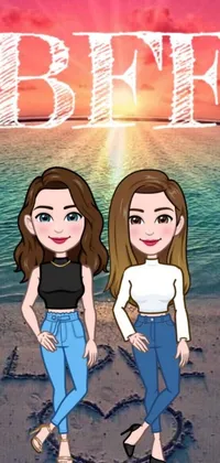 Transform your phone into a paradise with this cute cartoon style live wallpaper, featuring two women standing on a beach