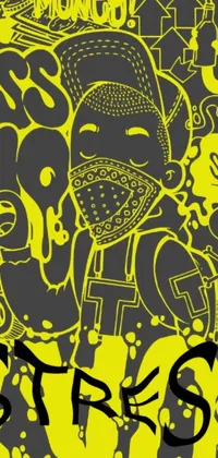 This phone live wallpaper features a unique black and yellow poster with bold graffiti art designs
