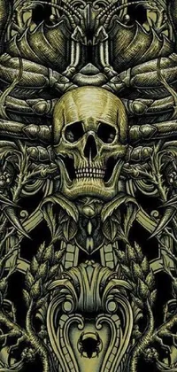 This live wallpaper features a stunning black and gold design featuring a skull adorned with intricate thorns and vines