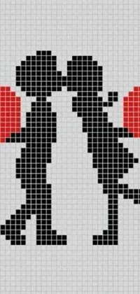 This phone live wallpaper depicts a colorful cross-stitch pattern of two people walking away holding a heart, accentuated with tiles and a kiss