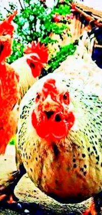This lively live wallpaper features a group of chickens peering over with laser-like focus as a pop art, spot-covered selfie photo watches closely