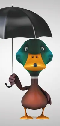 This lively phone wallpaper features a charming cartoon duck character holding an umbrella