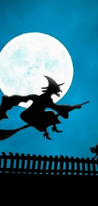 Enchant your phone with this spooky live wallpaper featuring a witch in silhouette form flying in front of a full moon! The witch's iconic pointed hat and cloak can be seen as she flies, with the added feature of dracula fangs adding to the spookiness