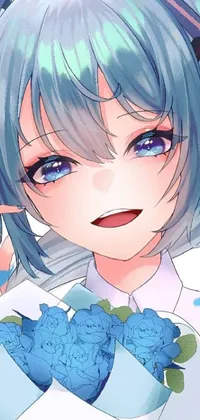 This phone live wallpaper showcases a close-up of a person with vibrant blue hair against a backdrop of blue flowers