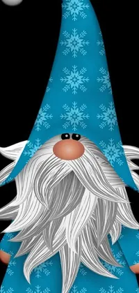 This live wallpaper showcases a delightful gnome with flowing white hair and a cobalt-blue cap, set on a backdrop of black and teal paper