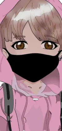 This adorable pink hoodie anime girl live wallpaper depicts a playful character wearing a black mask and a pink hoodie adorned with a black heart