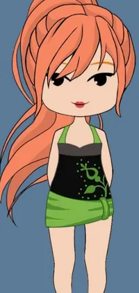 This phone live wallpaper features a cute cartoon girl wearing a green dress and tank suit in chibi style