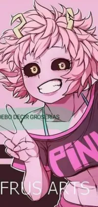 This live wallpaper features a charming blonde girl adorned in a cute pink shirt, surrounded by an anime-style drawing of Izuku Midoriya and a vibrant pink iconic character