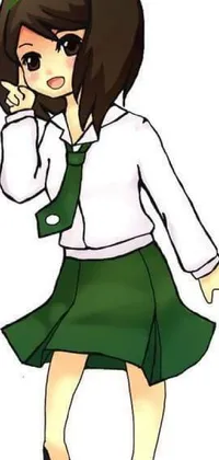 Get a stunning live phone wallpaper featuring a cheerful and confident anime girl in a green skirt and school uniform