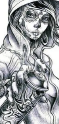 Add some edgy flair to your phone screen with this live wallpaper featuring a detailed drawing of a woman in a hoodie