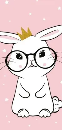 This phone live wallpaper features an adorable white rabbit donning glasses and a crown on its head