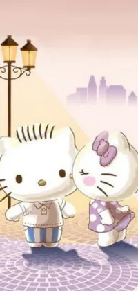 Add a playful touch to your phone's homescreen with this adorable live wallpaper featuring two cute Hello Kitty characters! The scene is set in a bustling city, complete with charming details like lipsticks, high heels and cute outfits