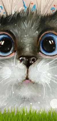 This phone live wallpaper showcases an acrylic painting of a blue-eyed cat with furry details that animate the feline