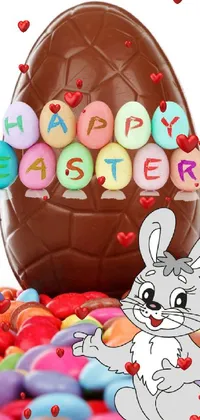 This Easter-inspired live phone wallpaper showcases a scrumptious chocolate egg placed on a heap of colourful jelly beans