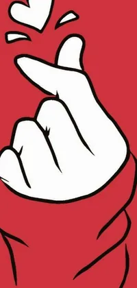 This phone live wallpaper features a vibrant red cartoon hand making a heart gesture