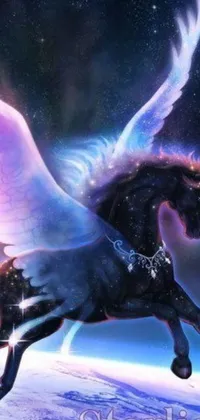 Experience the magic of fantasy art with this stunning phone live wallpaper! Watch as a majestic horse with black angel wings soars through a vibrant astral aurora on your phone screen