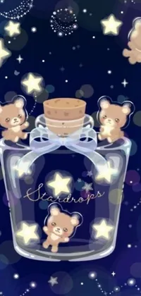 This phone live wallpaper features a bottle filled with cute teddy bears and twinkling stars, set against a dark blue space background with floating dust clouds and distant stars